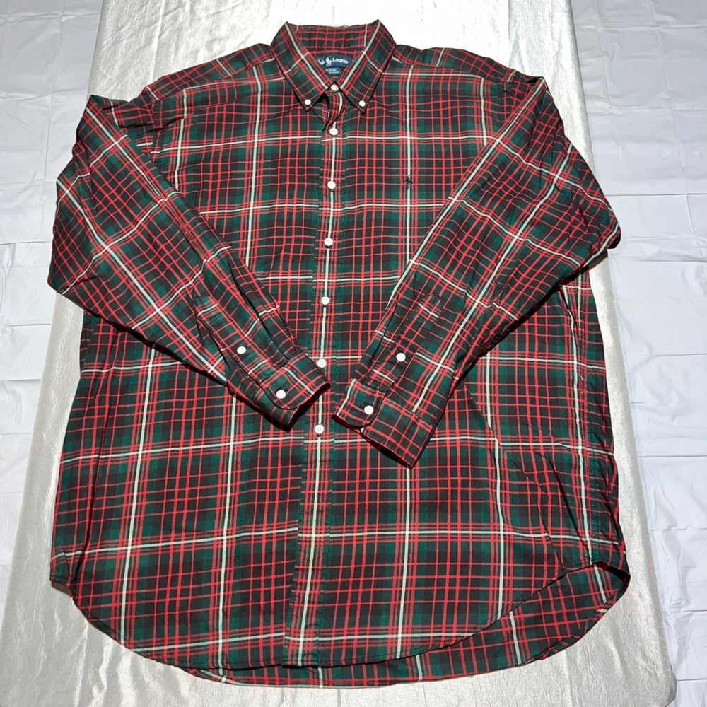 Ralph Lauren Blaire Mens XL Plaid Button Down Shirt Red Green Cotton Long Sleeve